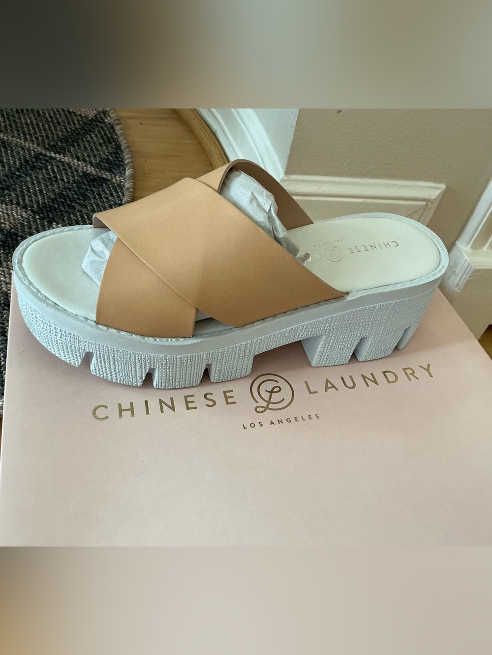 Chinese Laundry Tan Cross-Strap Platform Mule with White Lug Sole